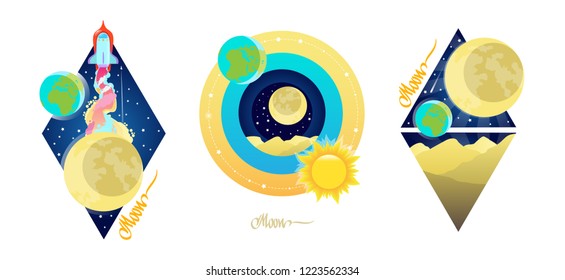 Moon. Set of vector illustrations in flat style isolated on white background.