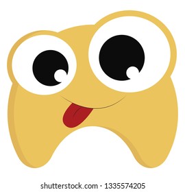 A moon shape baby monster with a red stuck-out tongue, big sparkling eyes, cartoon, vector, color drawing or illustration.