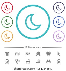 Forma de la luna iconos de color plano en contornos de forma circular. 12 íconos adicionales incluidos.