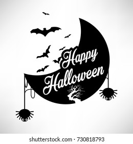 marco en forma de luna con murciélagos, arañas y espeluznantes siluetas de árboles feliz diseño de fondo de halloween. vector eps10