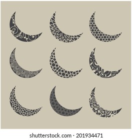 Moon shape with an ornamental design and styles - vector graphic