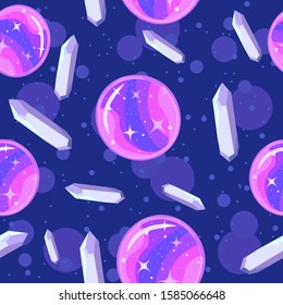 Moon shaped magic ball and amethyst crystal seamless pattern. Violet repetitive background about spirituality, paganism and good energy.