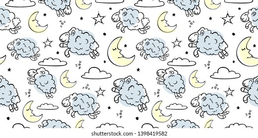 
Moon and sheep seamless pattern. Count the sheep before bedtime. Children doodle illustration. For fabric, background, kids wallpaper.