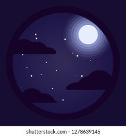The moon shines with clouds in long, dark circles with stars paper cut