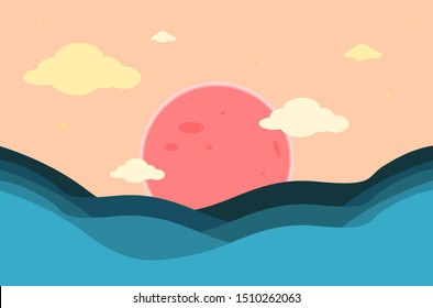 The moon shines and the evening sea