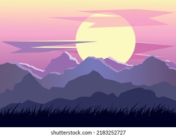 The moon shines in the mountains