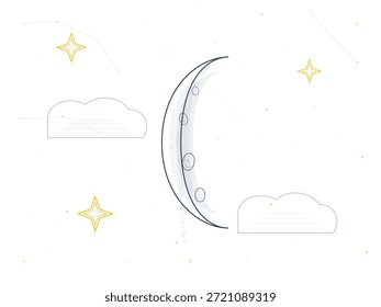Moon shines in the night sky surrounded by stars. Soft clouds float nearby, creating a calm setting. The scene captures a simple evening atmosphere with celestial elements.