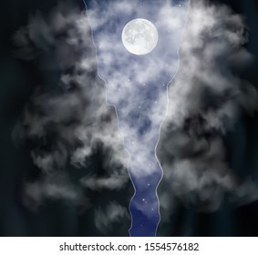 Moon shines through the smoke between two mountains at night. Vector realistic illustration