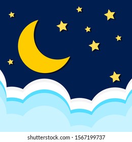 moon and shiny stars in dark night sky with white and blue clouds. vector illustration