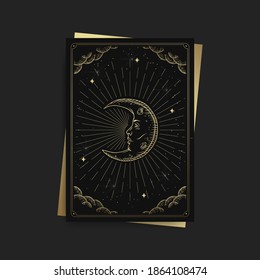 Moon sign with human face. Magic occult tarot cards, Esoteric boho spiritual tarot reader, Magic card astrology, drawing spiritual posters.