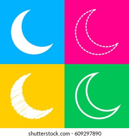Moon sign illustration. Four styles of icon on four color squares.