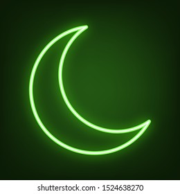 Moon sign illustration. Green neon icon in the dark. Blurred lightening. Illustration.