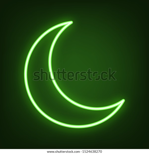 Moon sign illustration. Green neon icon in\
the dark. Blurred lightening.\
Illustration.