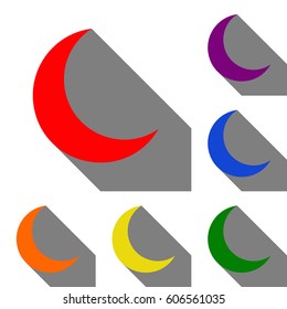 Moon sign illustration. Set of red, orange, yellow, green, blue and violet icons at white background with flat shadow.