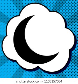 Moon sign illustration. Vector. Black icon in bubble on blue pop-art background with rays.