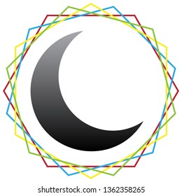 Moon sign illustration. Vector. Black icon with patch of light inside colorful hexagonal frames at white background.