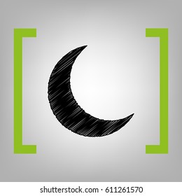 Moon sign illustration. Vector. Black scribble icon in citron brackets on grayish background.