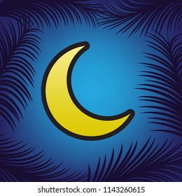 Moon sign illustration. Vector. Golden icon with black contour at blue background with branches of palm trees.