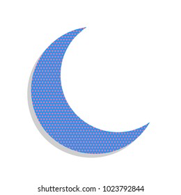 Moon sign illustration. Vector. Neon blue icon with cyclamen polka dots pattern with light gray shadow on white background. Isolated.