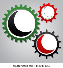 Moon sign illustration. Vector. Three connected gears with icons at grayish background.