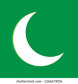 Moon sign illustration. Vector. White flat icon with yellow striped shadow at green background.