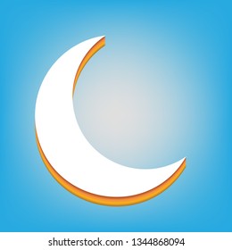 Moon sign illustration. Vector. White icon with 3d warm-colored gradient body at sky blue background.