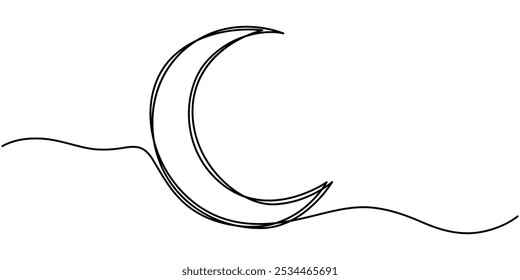 Moon sign line continuous drawing vector. One line Moon vector background. Moon icon. Continuous outline of a Moon. Linear design, Continuous one line drawing