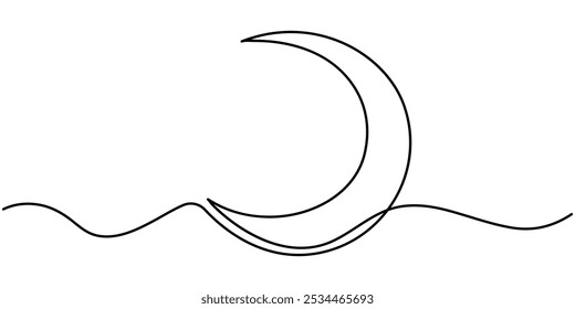 Vetor de desenho contínuo de linha de sinal da Lua. Um plano de fundo do vetor Lua em linha. Ícone da Lua. O contorno contínuo de uma Lua. Design linear, desenho contínuo de uma linha