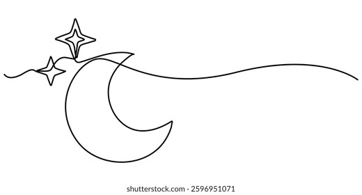 Moon sign line continuous drawing vector. One line Moon vector background. Moon icon. Continuous outline of Linear design, Continuous one line drawing of moon icon. Crescent pro, Single line drawing. 