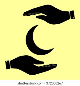 Moon sign. Save or protect symbol by hands.