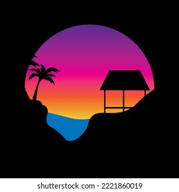 Moon silhouette illustration logo design at night, bamboo house with palm trees by the river