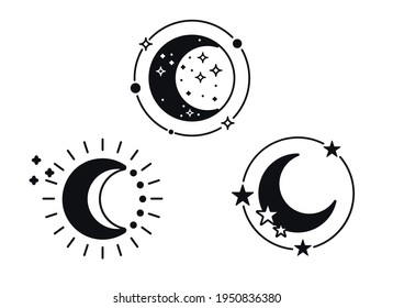 Moon silhouettes with stars. Black crescent icons. Night space astronomy. Lunar eclipse. Vector illustration isolated on a white background.