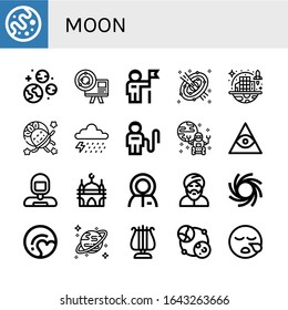 moon simple icons set. Contains such icons as Mars, Planets, Astronomy, Astronaut, Space, Space colonization, Storm, Rover, Freemasonry, Mosque, can be used for web, mobile and logo