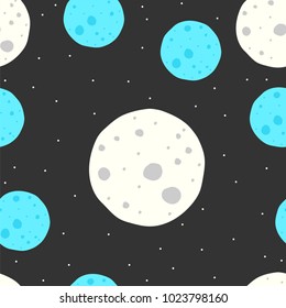 Moon sketch. Seamless pattern with hand-drawn cartoon Earth satellite. Doodle drawing. Vector illustration - swatch inside