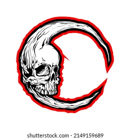 Moon Skull. Gothic design for prints. Comic style illustration. T-shirt print for Horror or Halloween. Hand drawing illustration isolated on background. Vector EPS 10.