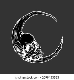 Moon Skull Hand drawn. Skull line art. Gothic design for prints. Vector illustration isolated on background. EPS 10