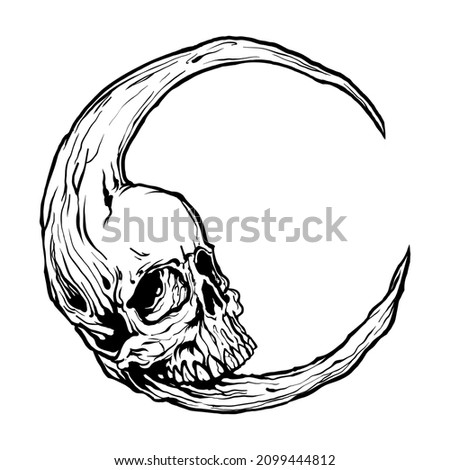 Moon Skull Hand drawn. Skull line art. Gothic design for prints. Vector illustration isolated on white background. EPS 10