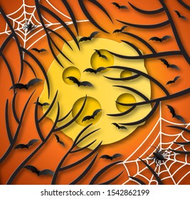 The moon in the sky against the background of tree branches. Sunset, view up. Bats are flying. Spiders on the web. Paper cut design.