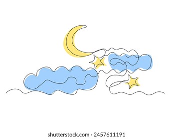 The moon is in the sky in the clouds,Logo, continuous single line art hand drawing sketch