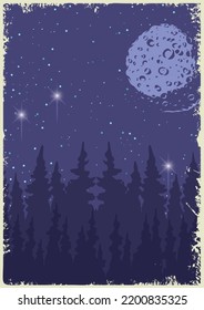 Moon sky colorful vintage flyer mysterious night landscape with huge moon hanging over trees and bright stars vector illustration