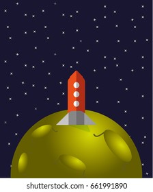 Moon in the sky with a rocket on the planet