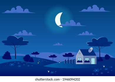 Moon in sky at spring village with green meadow landscape background in flat cartoon style. Moonlight night, house is in garden, trees, glowworms fly. Nature scenery. Vector illustration of web banner