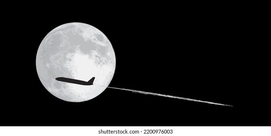 Moon Sky And Stars. Soaring Air Plane Line Path. Take Off Airplane, Flight Route For Vacation, Holliday. Tourism Route Concept. Aircraft Symbol Or Logo.