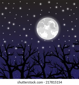 moon in the sky with the stars in the woods