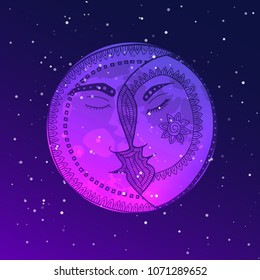 Moon in the sky tangle pattern. Man and woman in love. Kiss and romance. Night vector illustration.