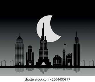 Moon and skyscraper night view in modern city vector art illustration, silhouettes of buildings and skyscrapers of smart city at night, city landscape illustration.