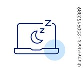 Moon and sleep symbols on laptop screen. Night shift, quiet device mode. Pixel perfect, editable stroke icon