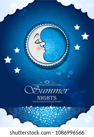 Moon Sleeping In The Clouds And Stars On The Sea -transparency blending effects and gradient mesh-EPS 10