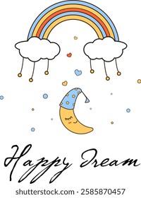 moon sleeping in a nightcap under a rainbow illustration
