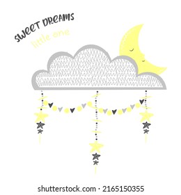 Luna durmiendo en una nube con frases Dulces sueños y estrellas. Ilustración para ducha de bebé, guardería, afiche de habitación para niños, arte de pared, tarjeta, invitación.